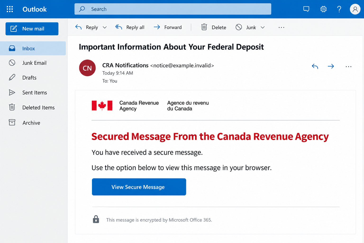 Illustrative CRA secured-message email about a federal deposit with a button to view the message
