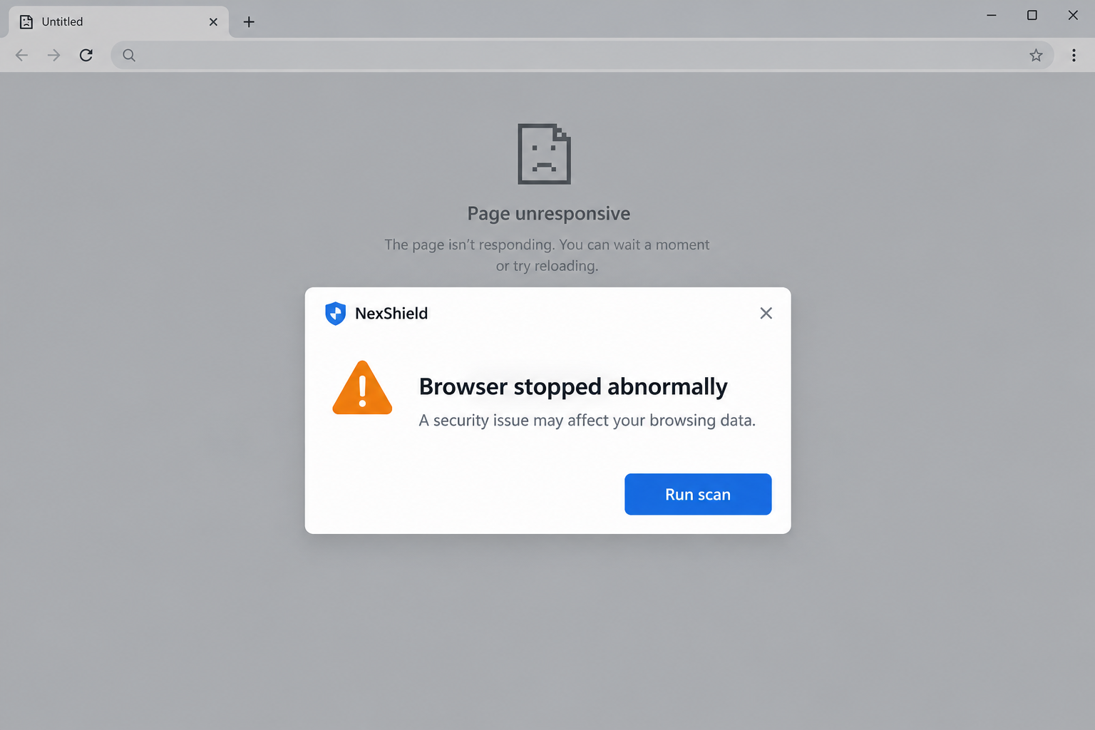 CrashFix Scam Explained: NexShield Browser Crashes and Fake Repair Alerts 1 Original illustrative NexShield browser-crash warning offering a scan, without executable repair commands