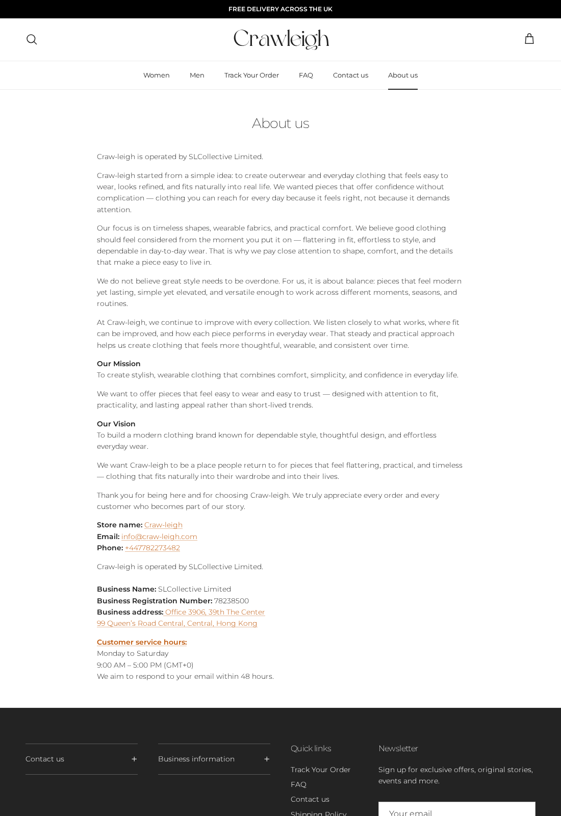 Craw-leigh About page naming SLCollective Limited and listing its Hong Kong business address