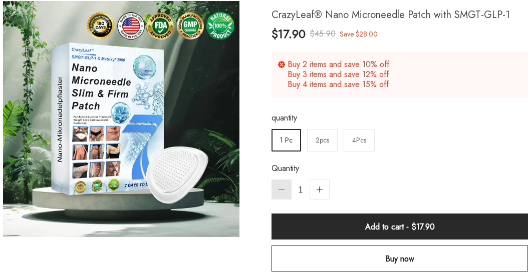CrazyLeaf and BuildLeaf GLP-1 Patches: Scam or Legit? Full Investigation 1 CrazyLeaf microneedle patch on Bestdela with its product box, FDA badge, price and package options