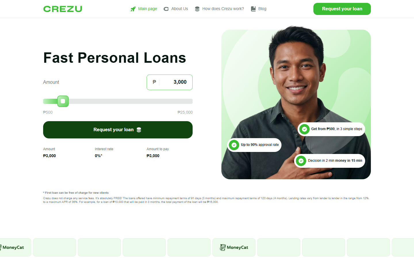 Crezu Loan Review: Matching Service, Data Sharing, and Real Borrower Risks 1 Crezu Philippines homepage showing a fast personal loan form and promotional rate