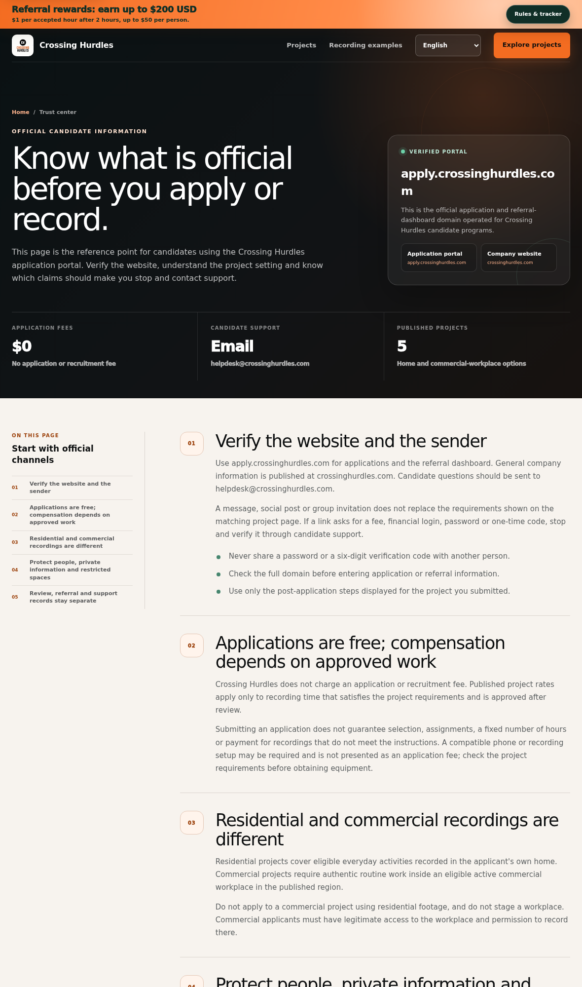 Crossing Hurdles trust center explaining free applications, approved-hour compensation, and different recording environments