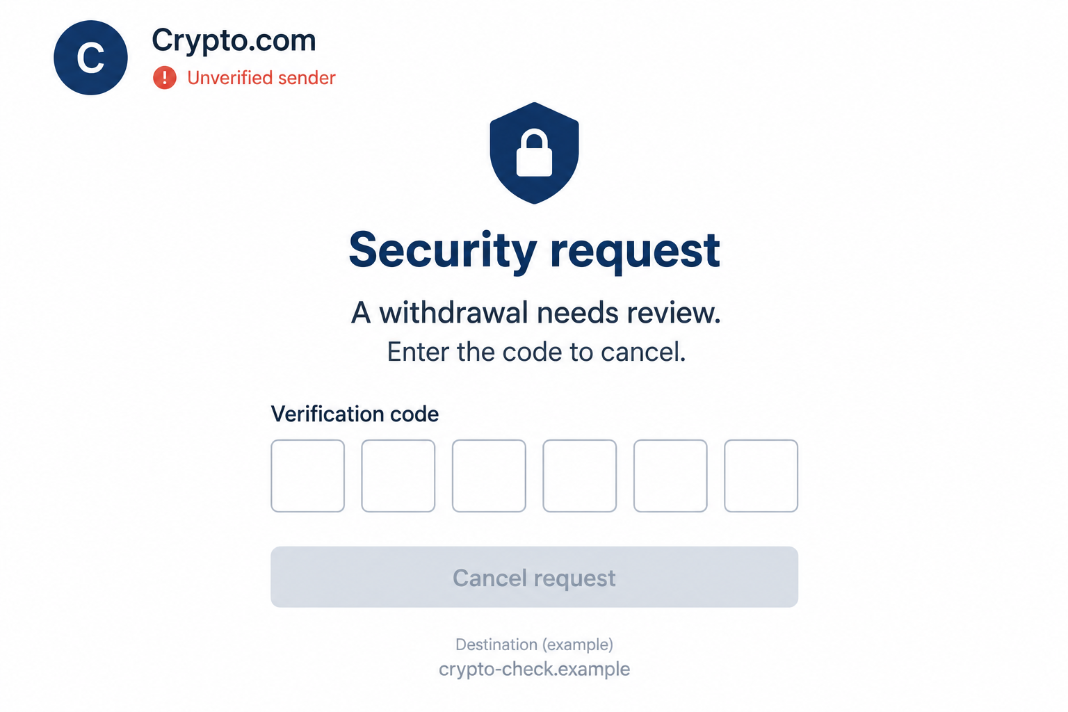 Generated example of an unverified Crypto.com security request with empty code boxes and a fictional inactive destination