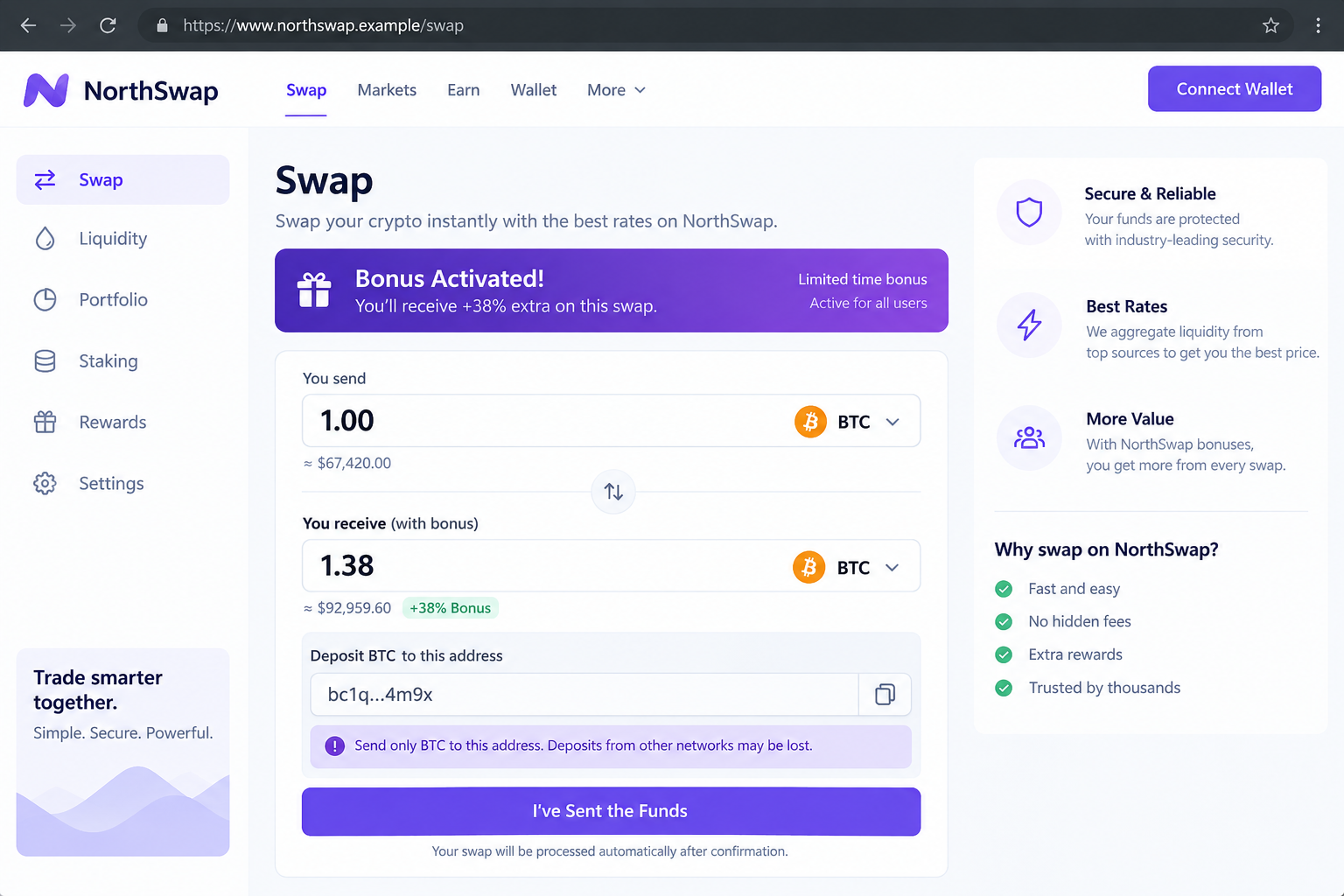 Illustrative fictional swap interface showing a false bonus and deposit address