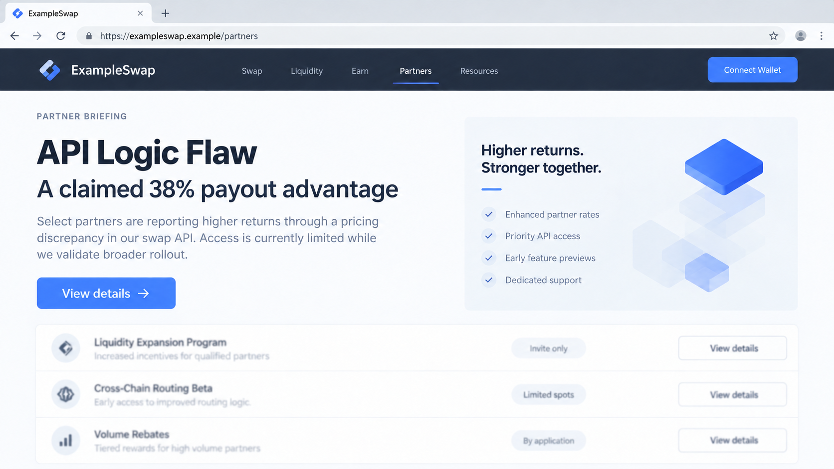 Illustrative fictional crypto partner page advertising a claimed 38% payout advantage