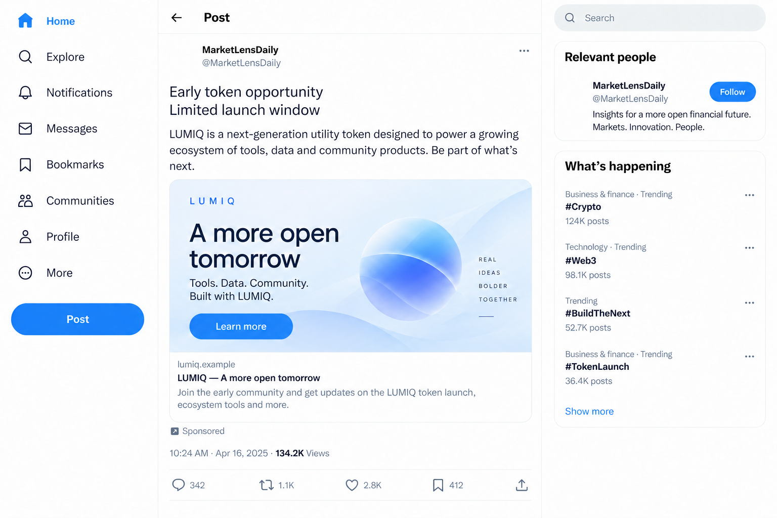 Illustrative flat-screen reconstruction of a crypto influencer post promoting a fictional token and an example-domain link