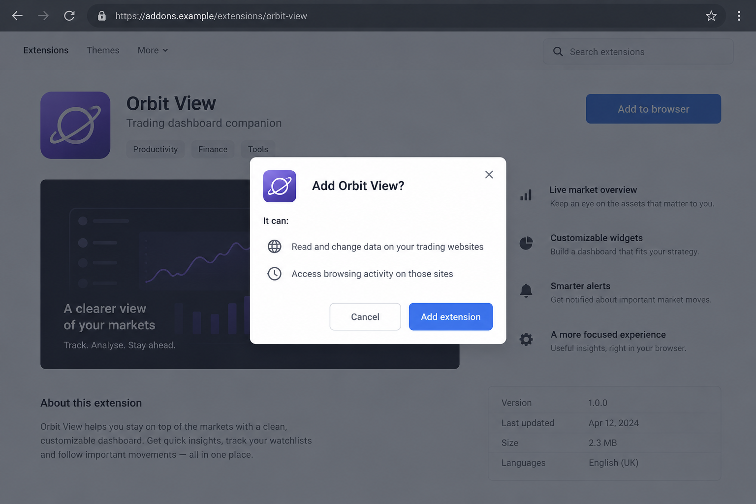 Crypto Trading Extension Scam: Fake Trackers Steal Wallet and Session Data 2 Fictional trading extension prompt requesting access to trading website data