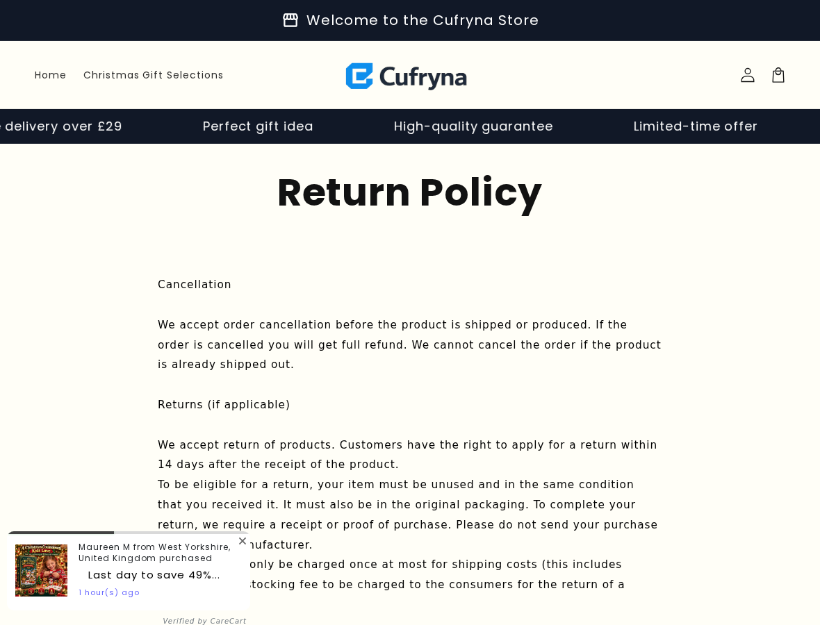 Cufryna Review: 180-Day Guarantee, 14-Day Returns and Buyer Risks Exposed 2 Cufryna return policy describing the 14-day request window and unused-item conditions