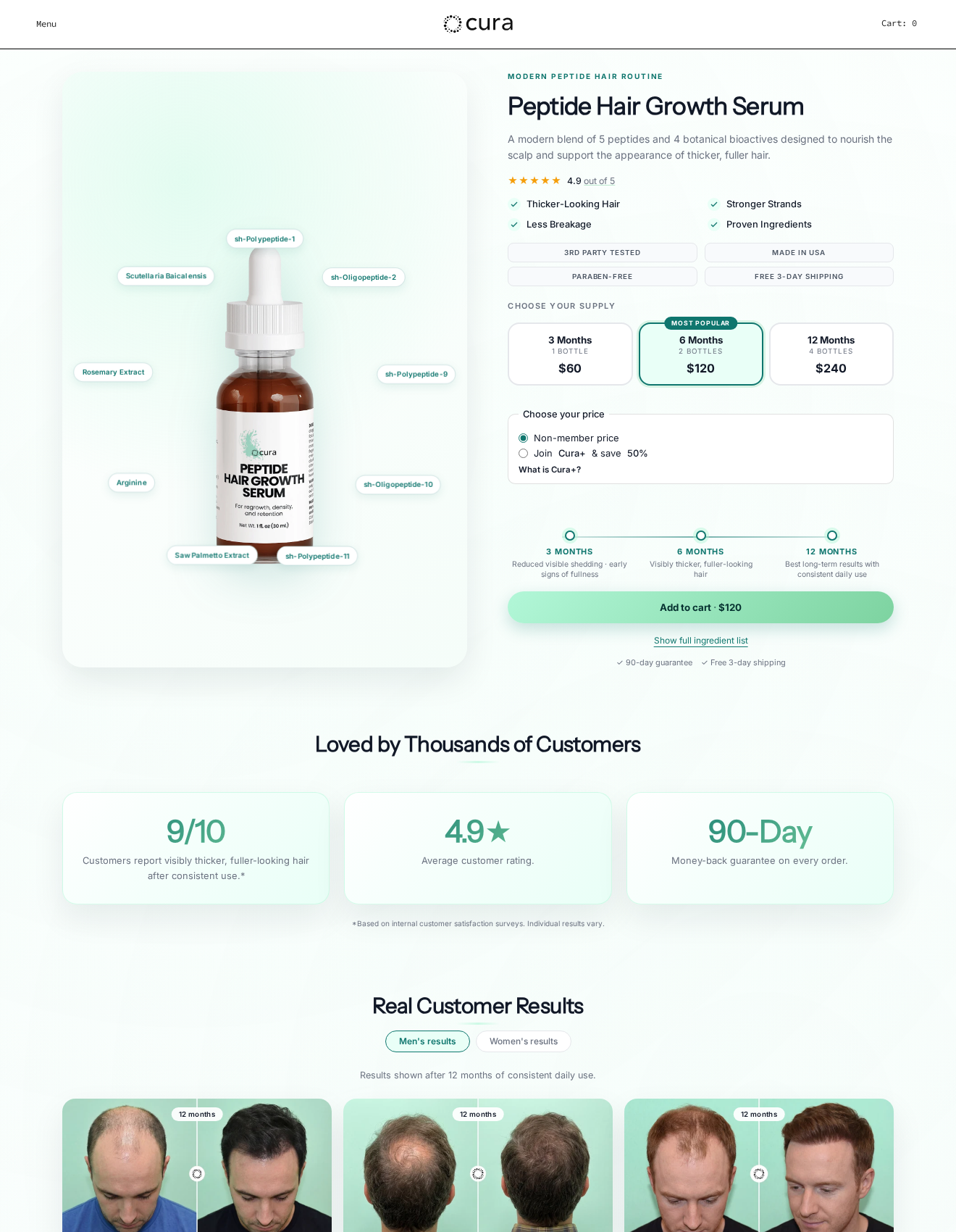 Cura Peptide Hair Growth Serum page showing the selected two-bottle supply, non-member price option and 90-day guarantee