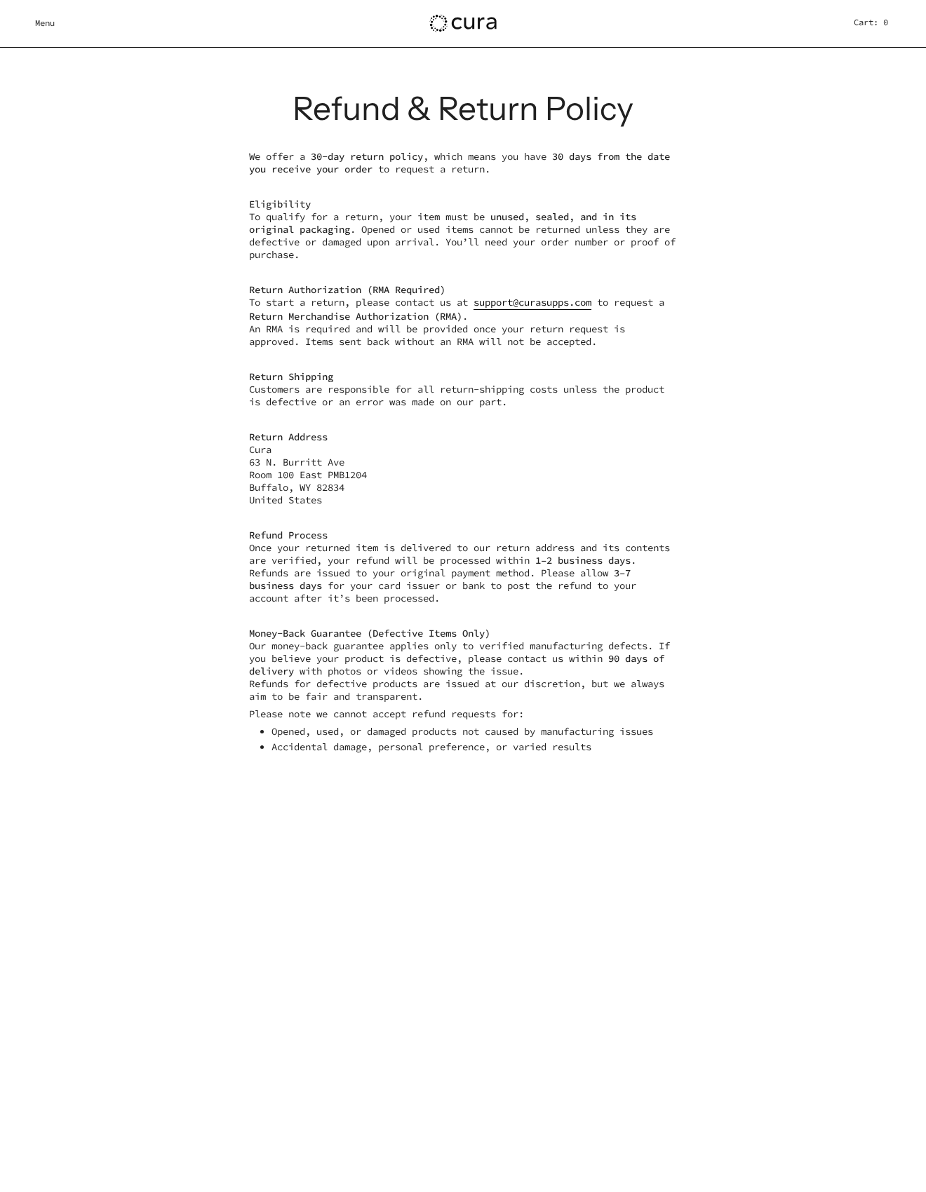 Cura return policy showing sealed-item eligibility, the Wyoming return address and a 90-day guarantee limited to manufacturing defects
