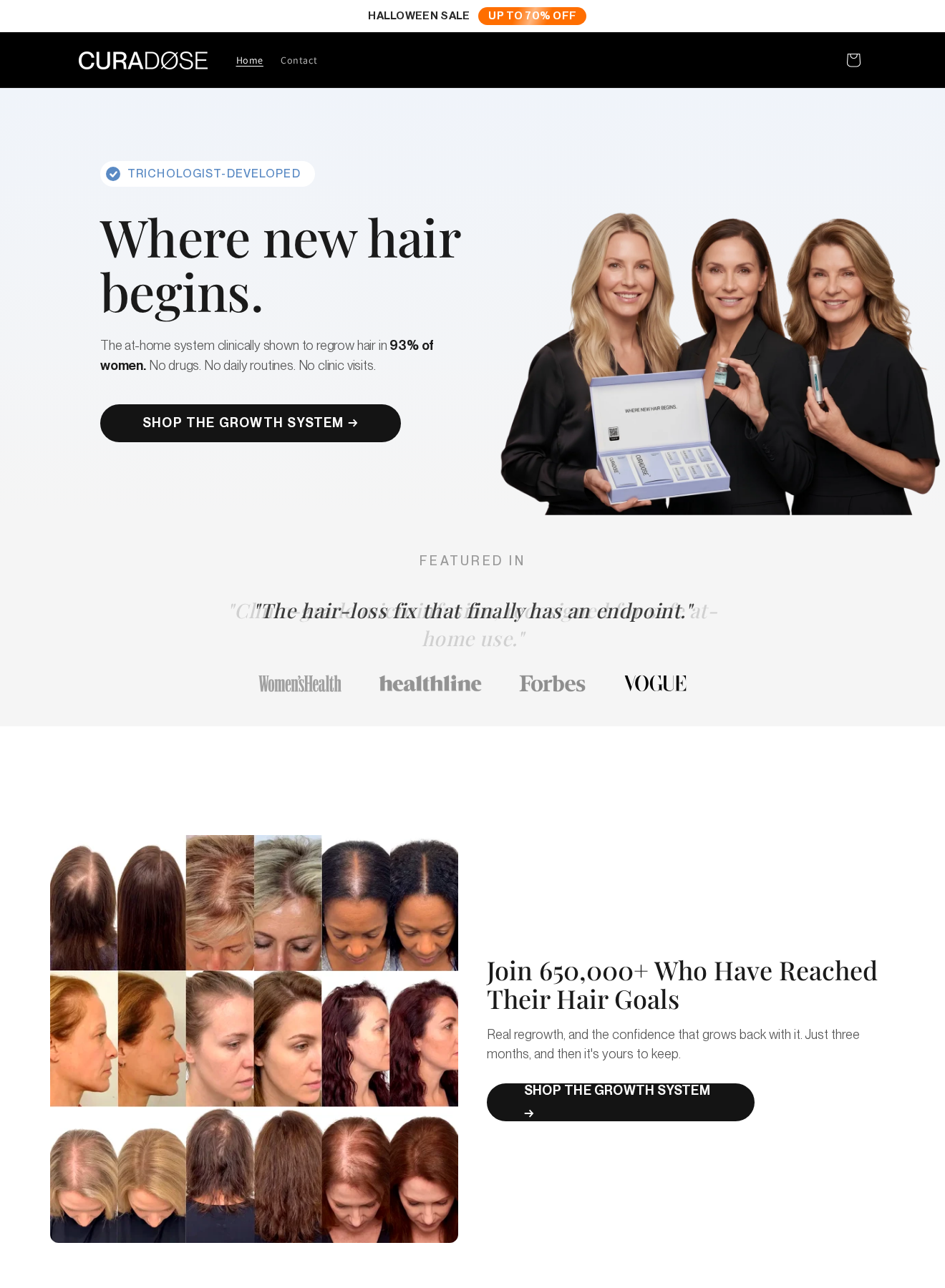Curadose promotional page claiming regrowth in 93% of women and lasting results after three months