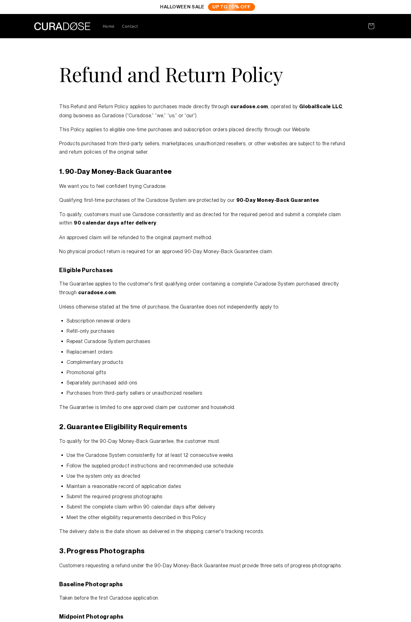 Curadose guarantee policy listing first-purchase eligibility, 12 consecutive weeks of use and progress-photograph requirements