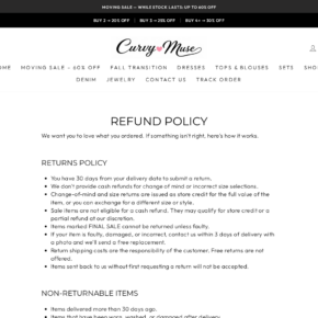 Curvy Muse refund policy excluding cash refunds for change of mind, incorrect size selections, and sale items