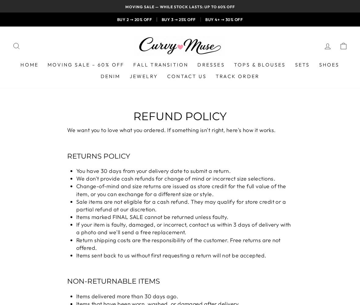 Curvy Muse Review: Moving Sale, Store Credit and Multiple-Size Return Risks 1 Curvy Muse refund policy excluding cash refunds for change of mind, incorrect size selections, and sale items