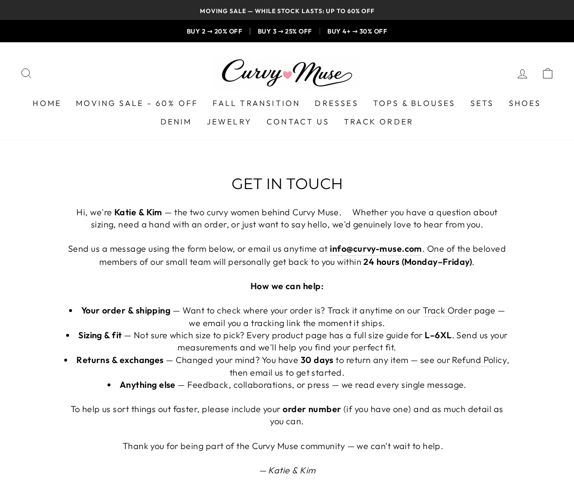 Curvy Muse Review: Moving Sale, Store Credit and Multiple-Size Return Risks 2 Curvy Muse contact page promoting 30-day returns and publishing the info@curvy-muse.com support address