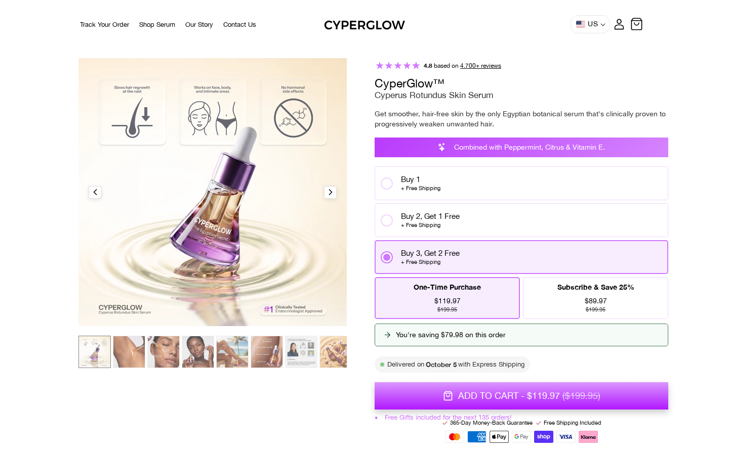 CyperGlow Review: 365-Day Refund Claim and Recurring Orders Investigated 1 CyperGlow serum order panel showing the selected five-bottle bundle and one-time or recurring purchase options