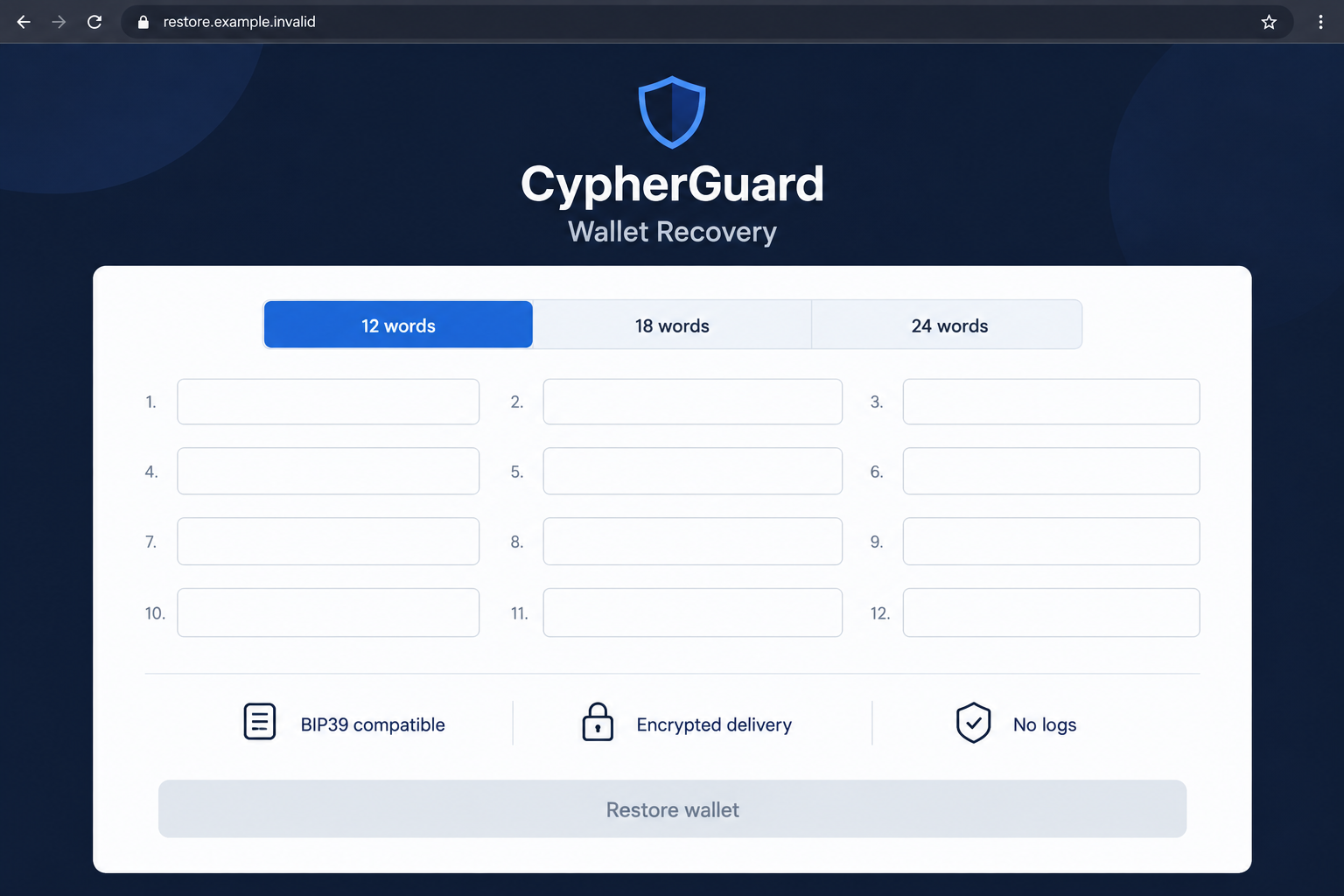 Illustrative CypherGuard wallet recovery form with empty recovery-phrase fields and security claims