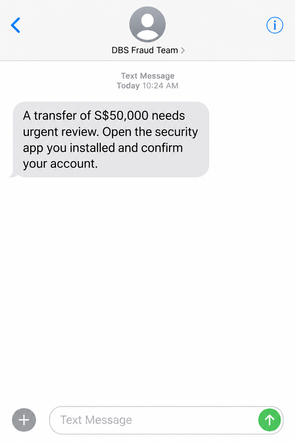 DBS Banking Remote Access Scam: How a Fake Fraud Alert Can Lock Your Phone 1 Illustrative reconstruction of a DBS fraud-team impersonation text about a large transfer