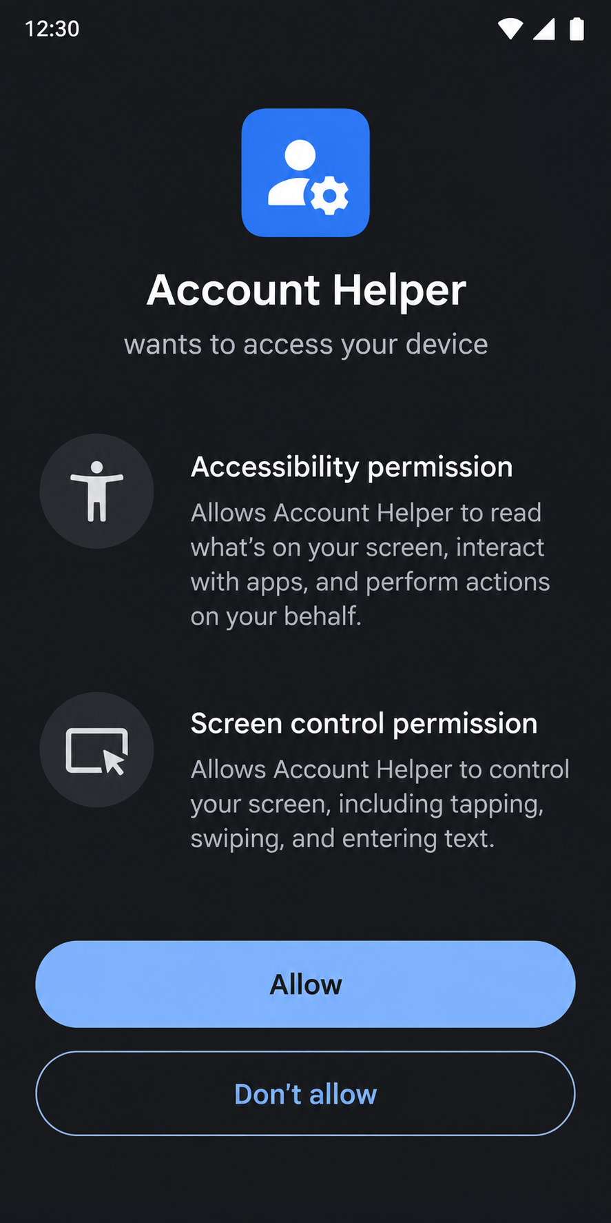 DBS Banking Remote Access Scam: How a Fake Fraud Alert Can Lock Your Phone 2 Illustrative Android accessibility permission screen for an unknown app, not a captured DBS case