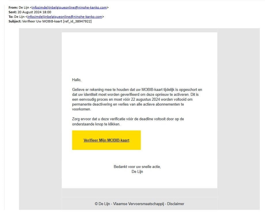 De Lijn MOBIB Scam: A Failed Identity Check Becomes a €1 Card Details Trap 1 Original fake De Lijn MOBIB suspension email threatening lost subscriptions unless the card is verified