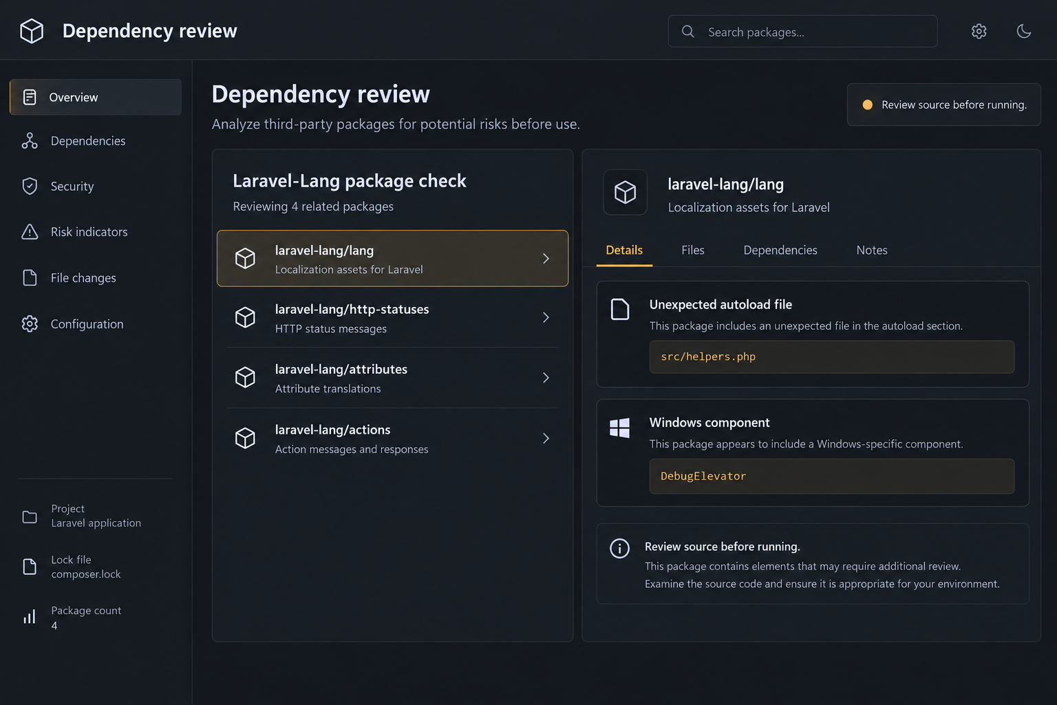 DebugElevator Stealer Removal: Laravel-Lang Packages and Credential Theft 1 Illustrative dependency review showing Laravel-Lang packages, src/helpers.php and the Windows DebugElevator component