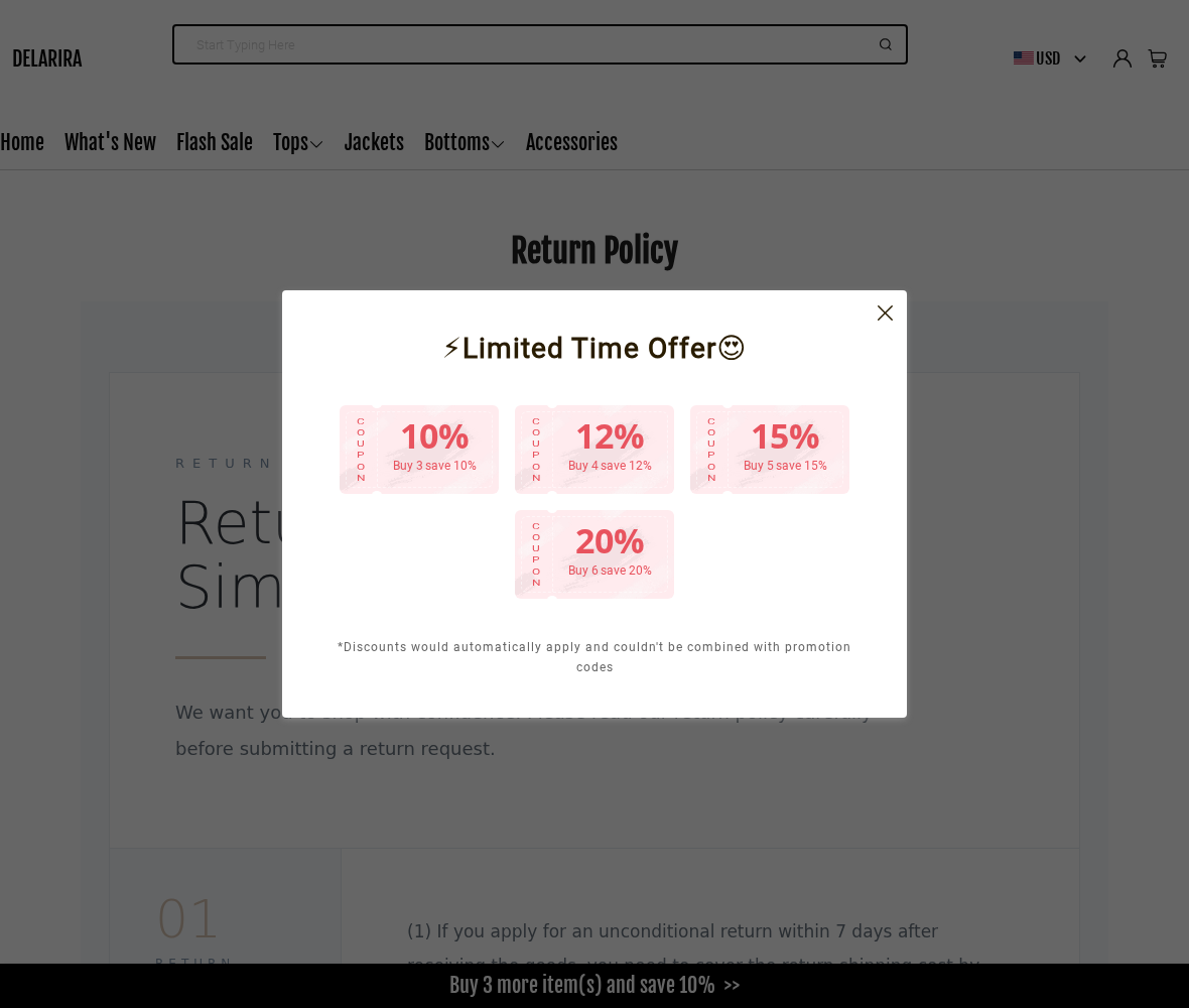 Delarira Review: Bundle Discounts, Return Exclusions and Company Checks 1 Delarira discount popup offering savings for buying three to six clothing items