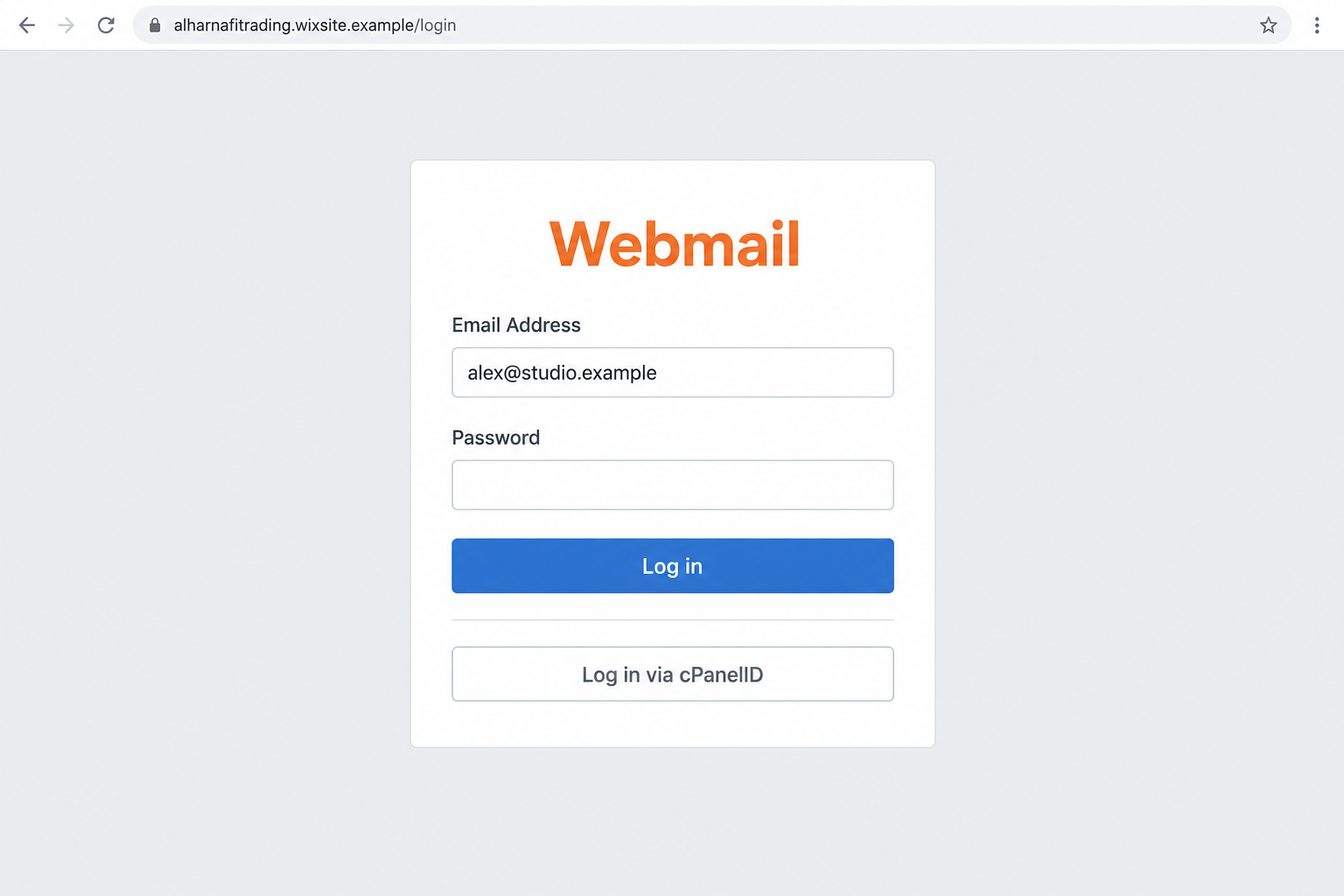 Mailbox Delivery Report Email Scam: Nine Missing Messages and a Login Trap 2 Illustrative copied Webmail login with email and password fields plus a cPanelID control on a fictional website