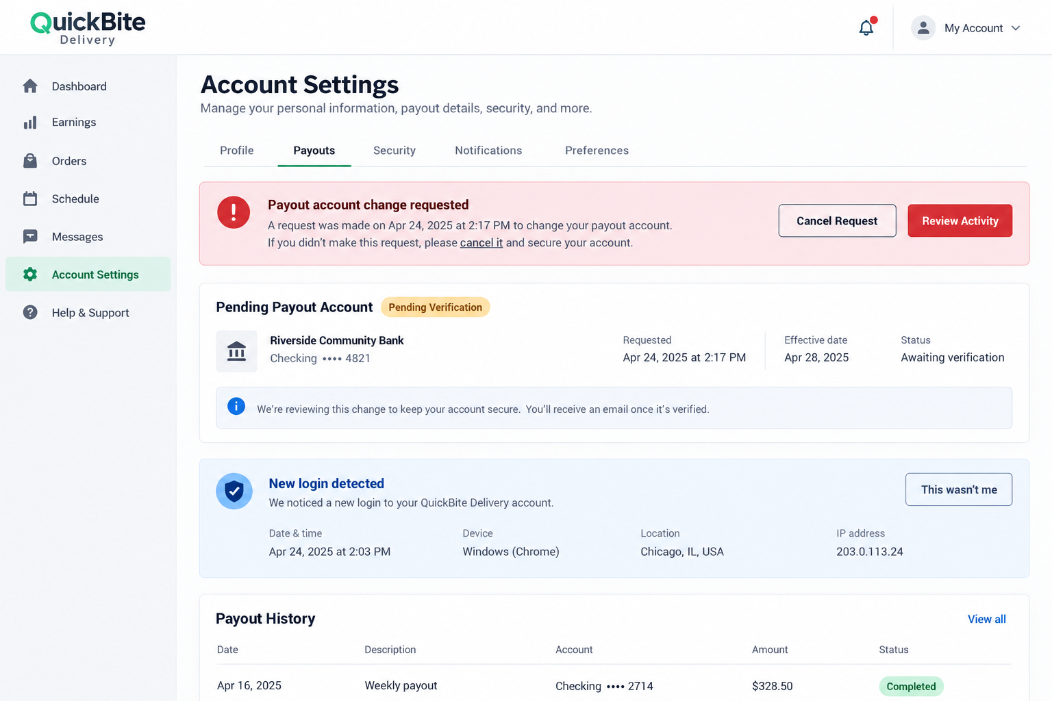 Illustrative worker account showing an unexpected payout change