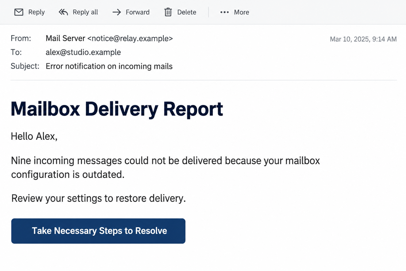 Mailbox Delivery Report Email Scam: Nine Missing Messages and a Login Trap 1 Illustrative Mailbox Delivery Report email claiming nine incoming messages were blocked by outdated configuration