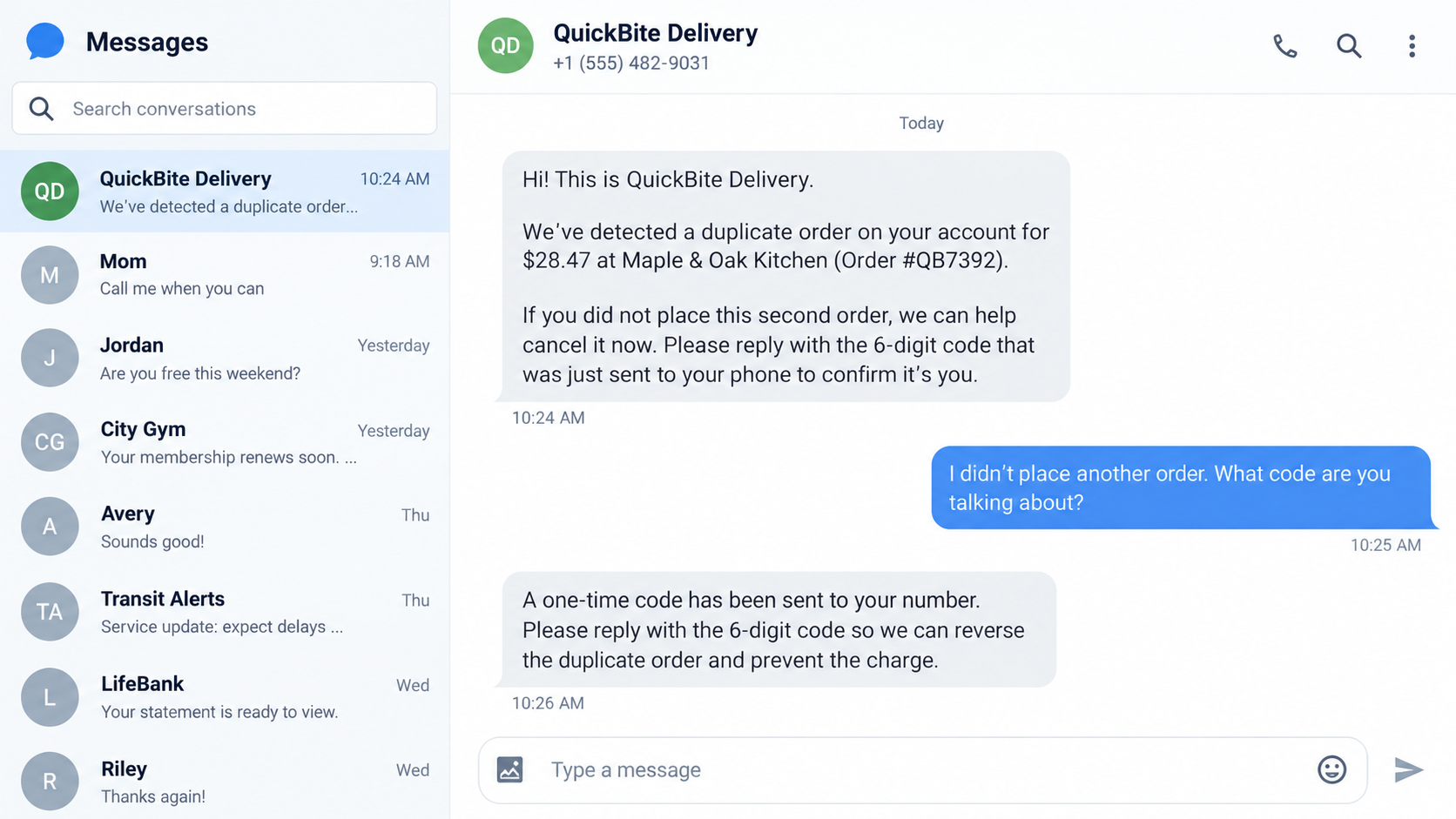 Illustrative food delivery text asking for a one-time code