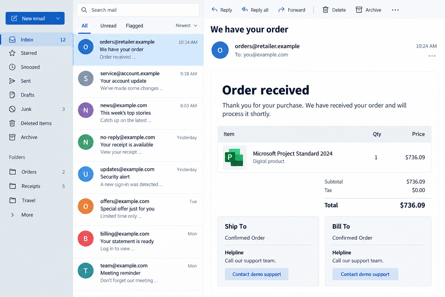 Illustrative order email with support instructions appearing inside Ship To and Bill To fields