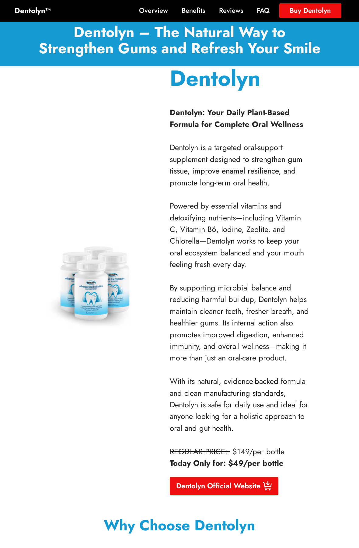 Dentolyn promotional page advertising oral health supplements and a $49 per bottle offer