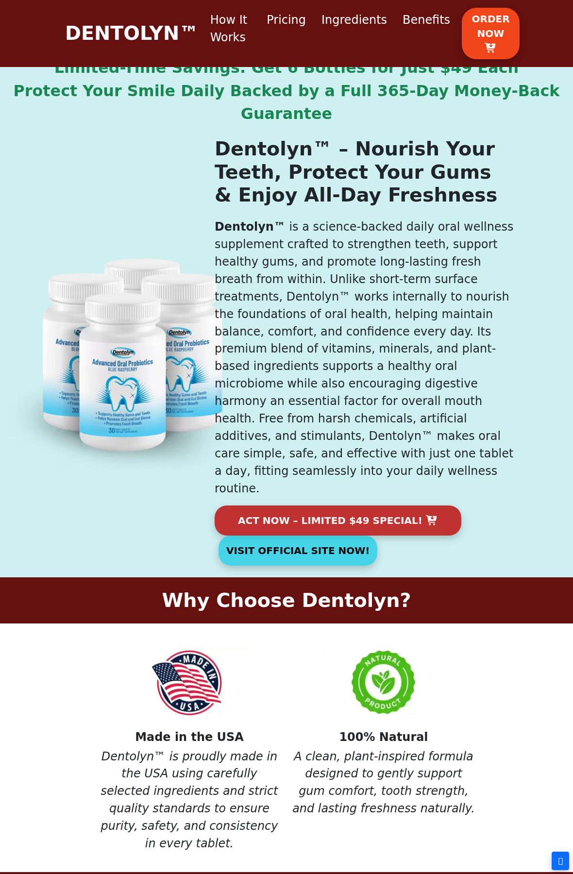 Another Dentolyn sales page offering six bottles and a 365 day refund promise