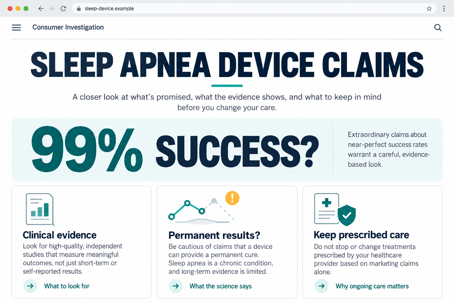 Editorial illustration of sleep apnea claim questions, with a fictional example address and no depiction of an actual DERYTHM advertisement