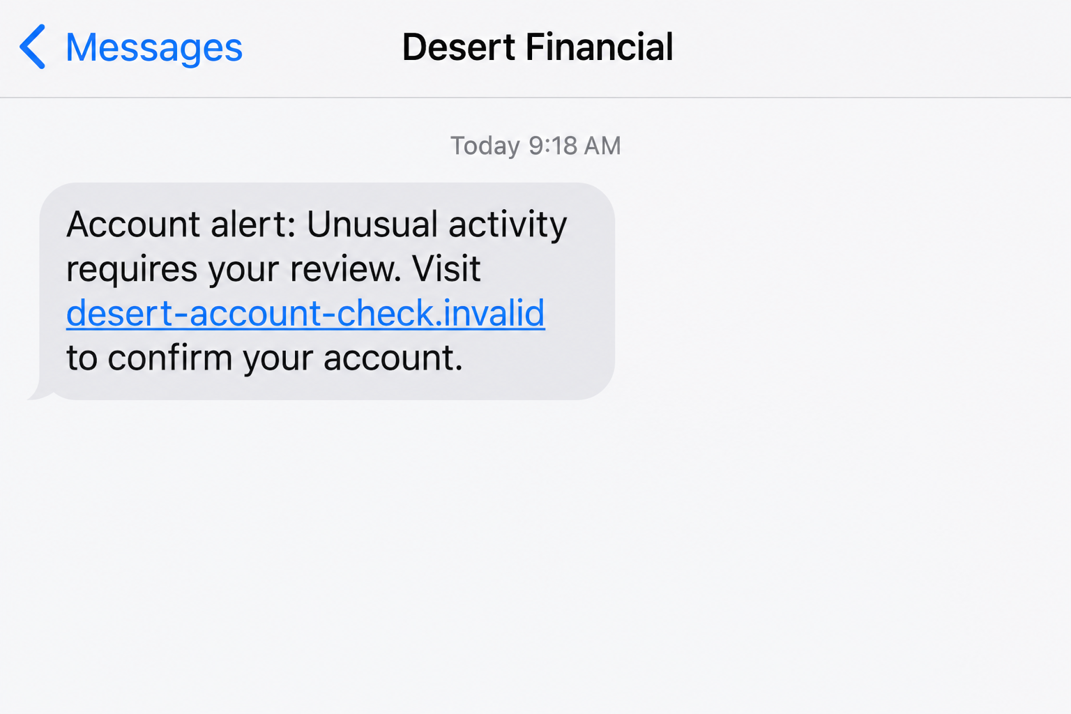 Illustrative Desert Financial scam text pointing to a fictional account review website