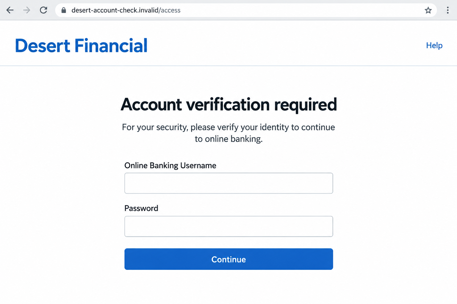 Illustrative fake Desert Financial account verification page with empty username and password fields
