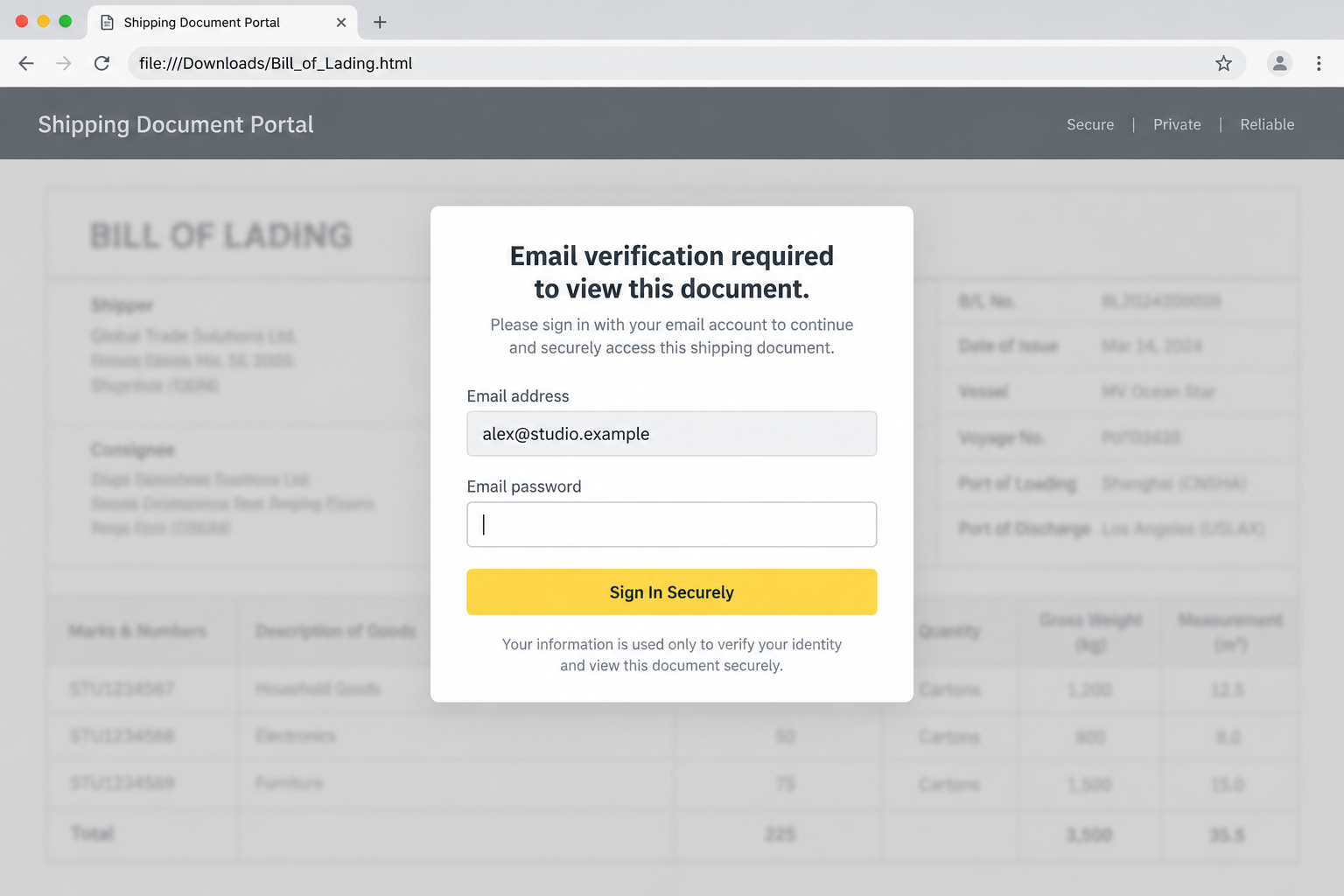 DHL Express Bill of Lading Email Scam: The HTML Attachment Password Trap 2 Illustrative local HTML shipping portal asking for a mailbox password before document access
