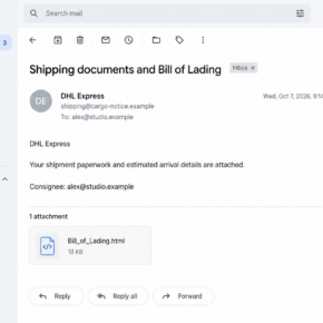 Illustrative DHL impersonation email carrying a Bill of Lading HTML attachment