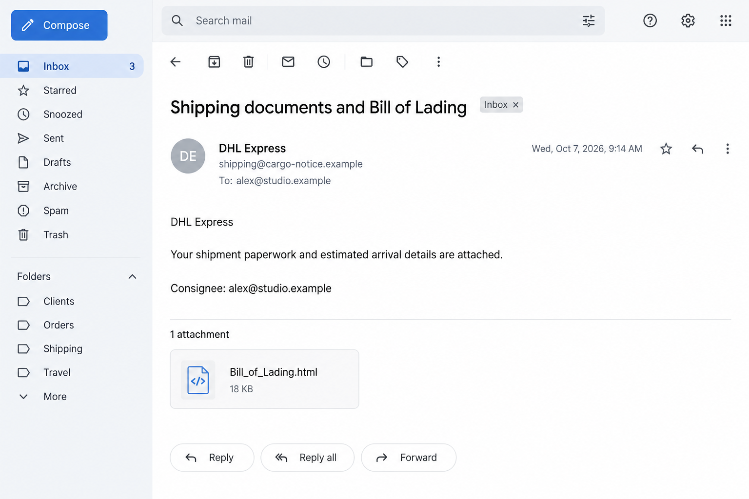 DHL Express Bill of Lading Email Scam: The HTML Attachment Password Trap 1 Illustrative DHL impersonation email carrying a Bill of Lading HTML attachment