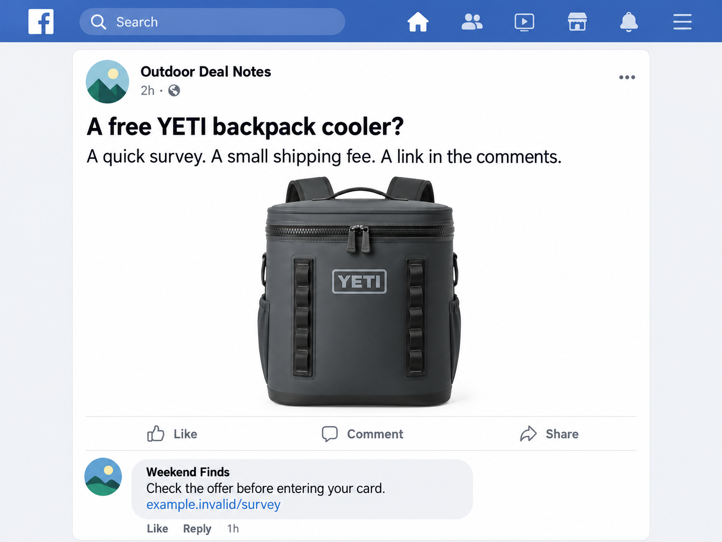 Educational illustration of a fictional social post offering a YETI backpack cooler after a survey and shipping payment, using nonfunctional example.invalid