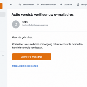 Illustrative false DigiD email-address verification notice using fictional example domains
