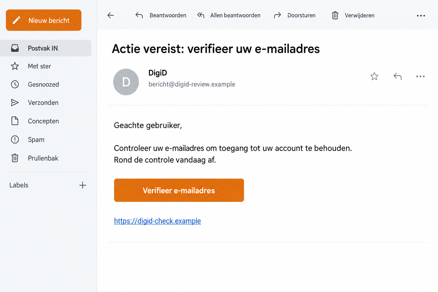 DigiD Email Verification Scam: Fake Account Limits Lead to Login Theft 1 Illustrative false DigiD email-address verification notice using fictional example domains