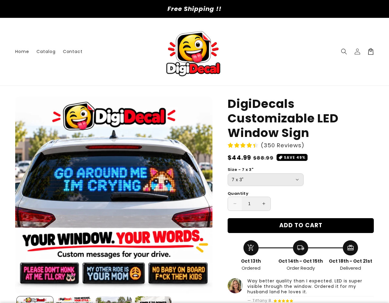 DigiDecals LED window sign offer showing a $44.99 price, size selection, review counter and estimated delivery dates