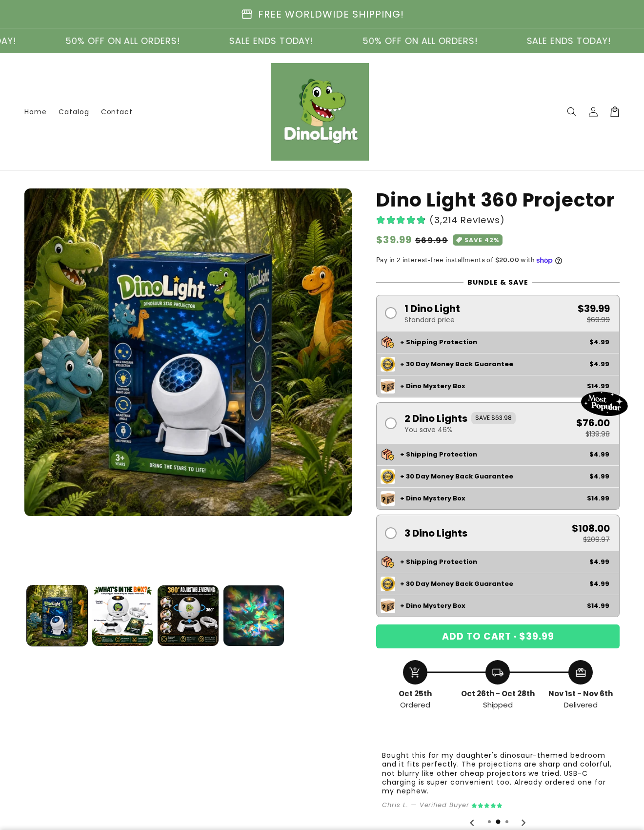 Dino Light 360 Projector on dinolight.store showing unit bundles and paid shipping protection, guarantee and mystery-box options