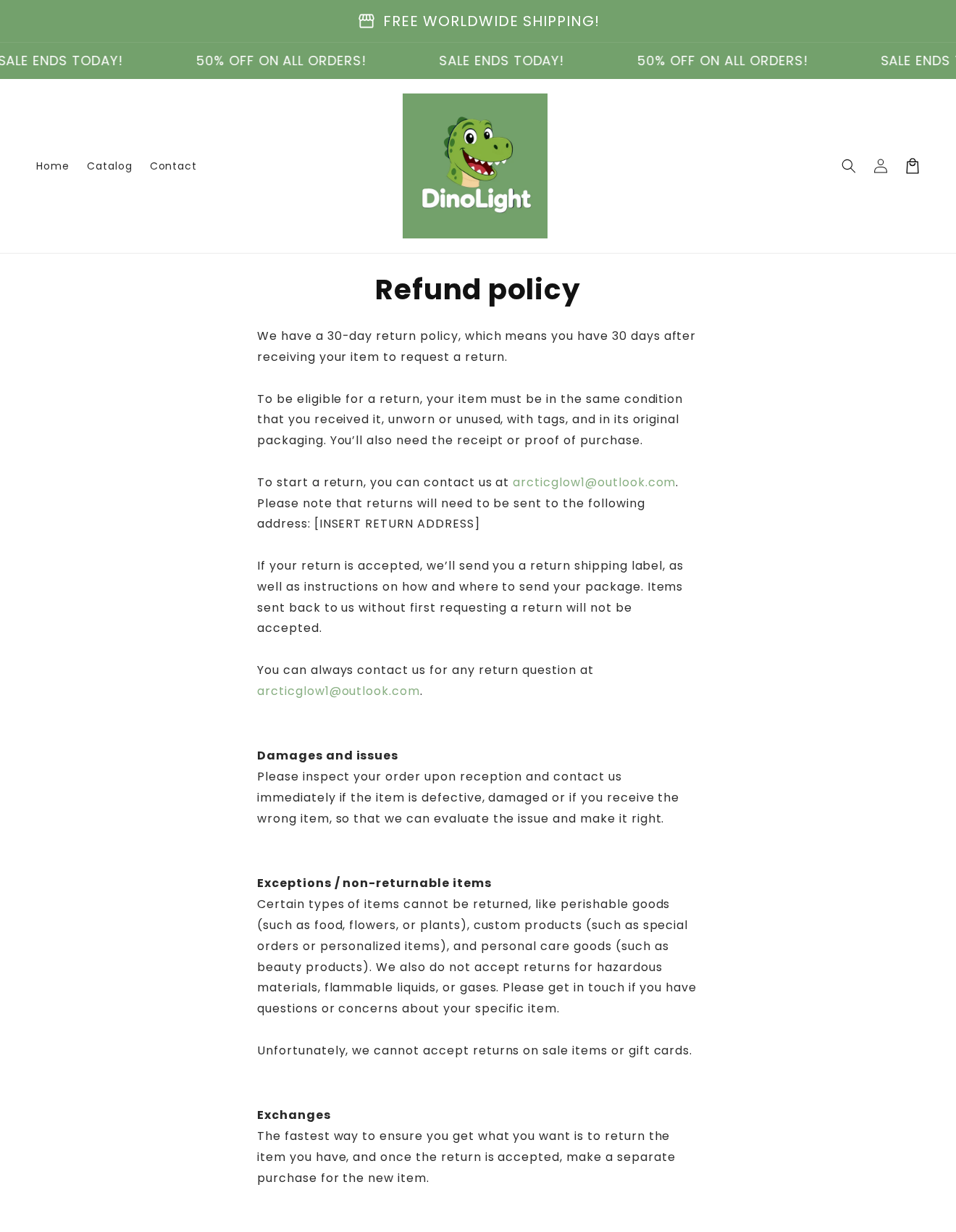 Dino Light 360 Projector Exposed: Scam or Legit? The Refund Investigation 2 Dino Light refund page naming ArcticGlow support and showing an unfilled return-address placeholder with unused-item conditions