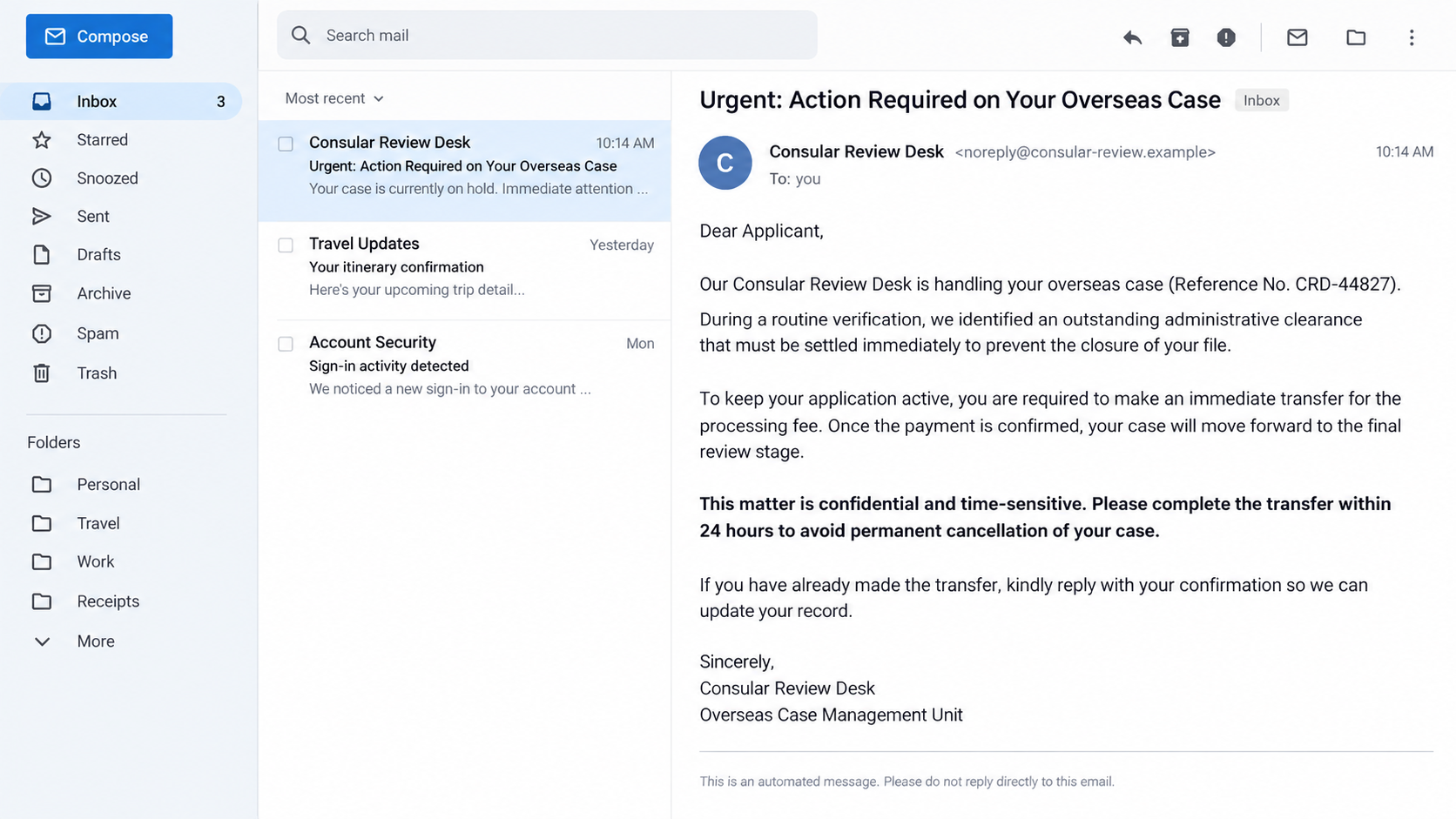 Illustrative consular impersonation email demanding a confidential transfer