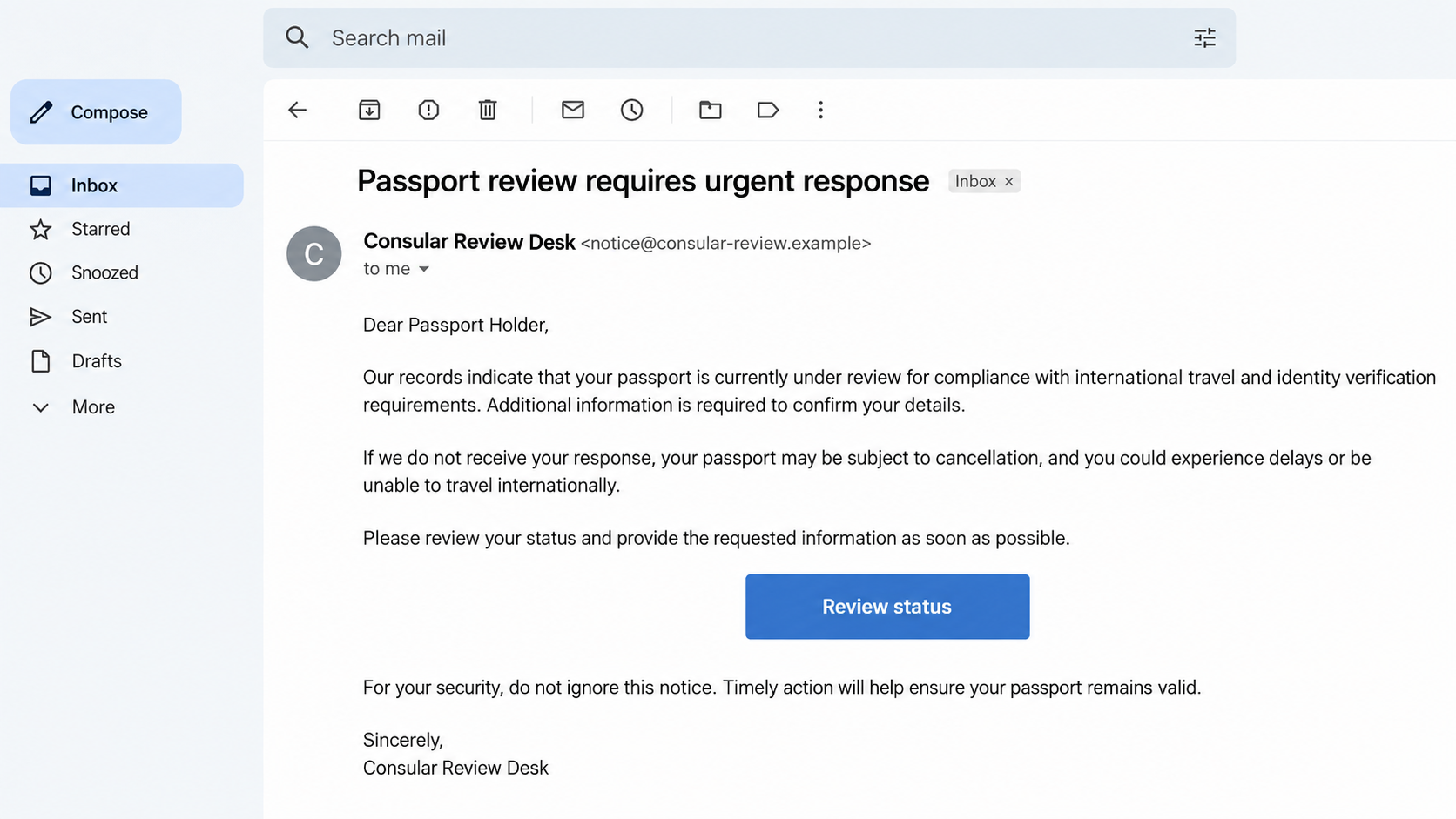 Illustrative email threatening a passport review through a fictional consular desk
