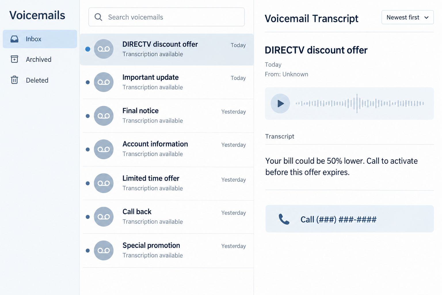 DIRECTV 50% Discount Scam: Fake Calls, Gift Cards and Billing Fraud Risks 1 Fictional voicemail transcript offering a DIRECTV 50% discount through an unsolicited callback