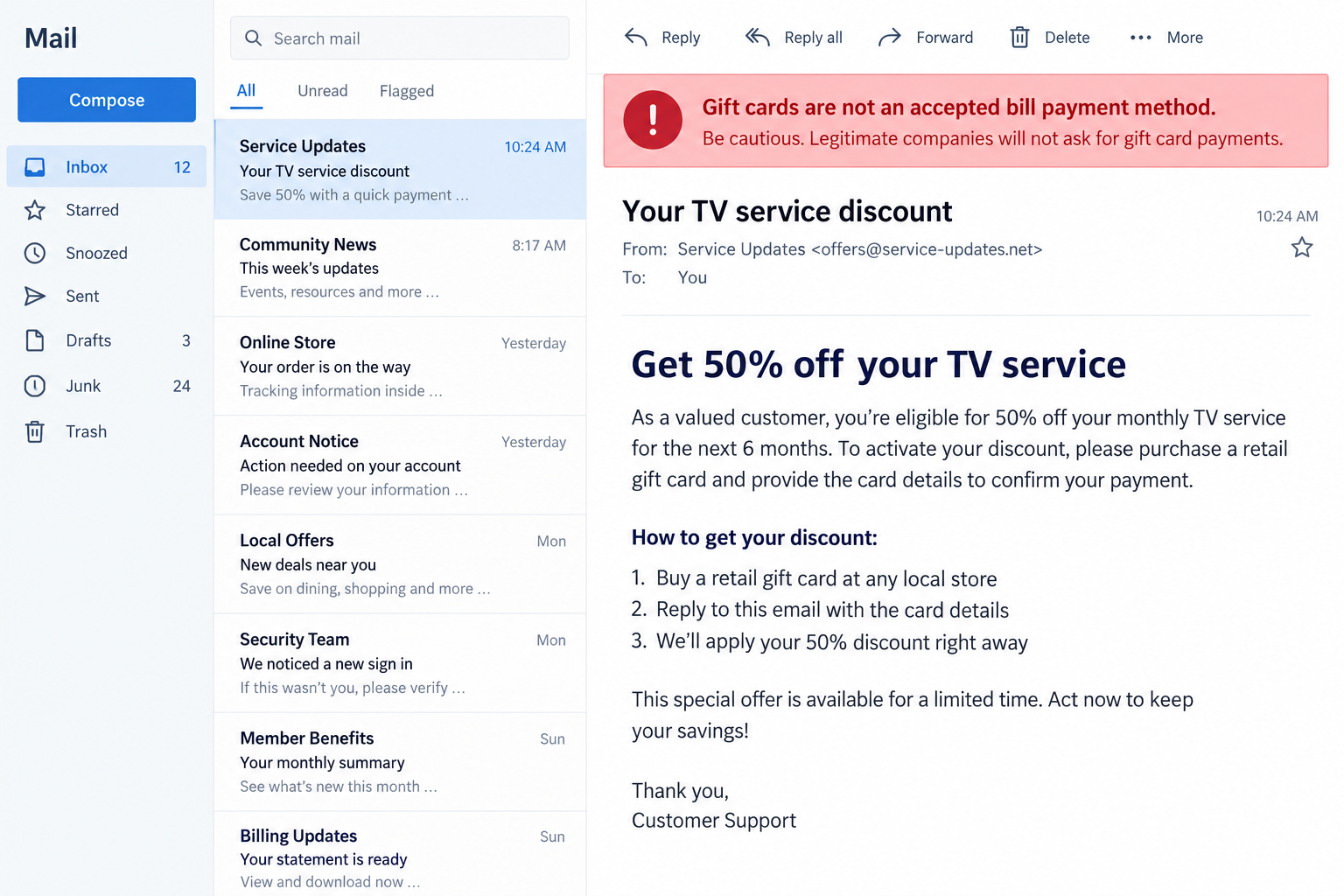 DIRECTV 50% Discount Scam: Fake Calls, Gift Cards and Billing Fraud Risks 2 Fictional TV discount email requesting a retail gift card, with a warning that gift cards are not accepted bill payment