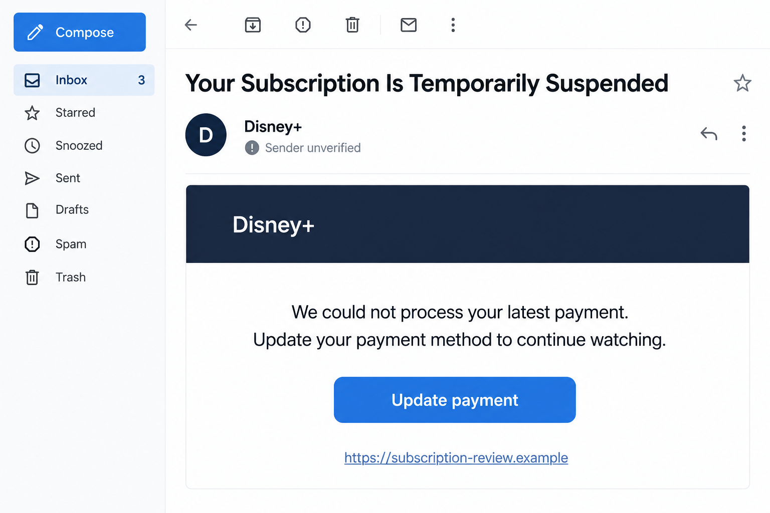 Illustrative fake Disney Plus suspension email with a payment-update button and a nonfunctional example destination